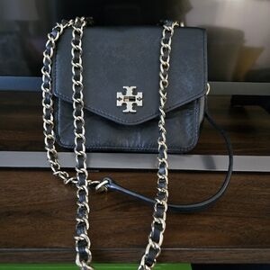 Tory Burch Black Leather Logo Chain Crossbody